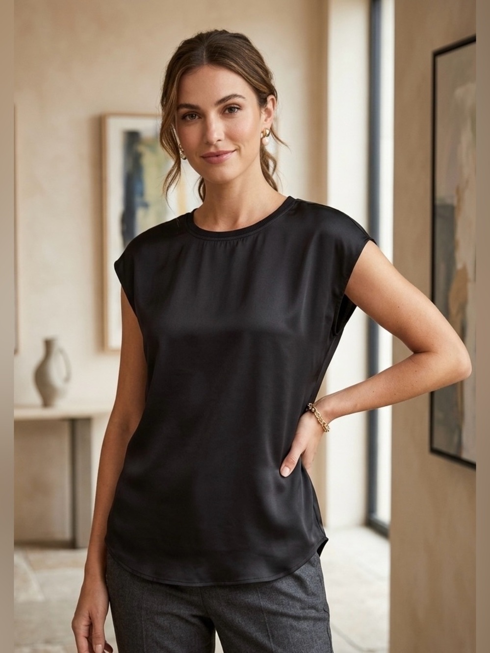Peace of Cloth Black Satin Cap-Sleeve Blouse Top - Size S NWOT